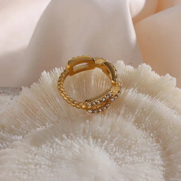 Chain Link Zircon‎ 18K Gold Plated Stainless Steel Ring Size 8 - Picture 9 of 12